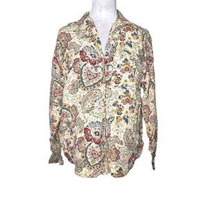 Lizwear Paisley Button-Down Blouse Boho Floral Poplin Size S